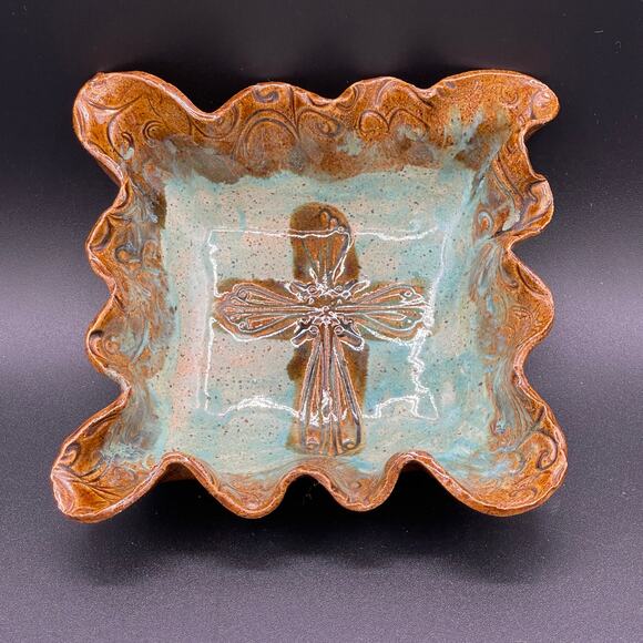 Signed Hand Painted Brown & Turquoise Cross Stoneware Pottery Trinket Dish - Picture 1 of 5
